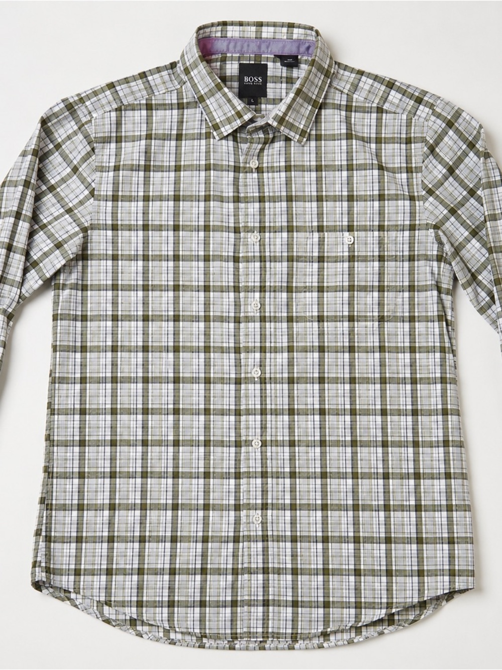 Hugo Boss Green and White Plaid Dress Shirt